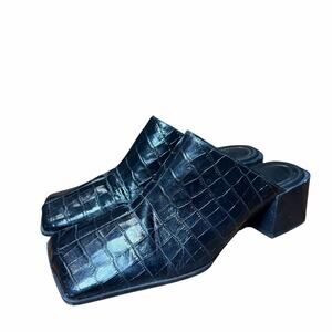 Zara Black Croc Embossed Genuine Leather Square Toe Mules Size 39 8.5